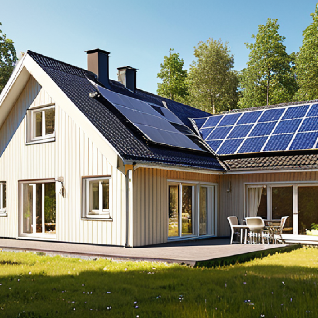 A modern, well-maintained Swedish house with sleek solar panels installed on its roof, bathed in warm, natural sunlight. The image should convey a sense of economic independence and environmental responsibility, with lush green surroundings reflecting sustainability. The atmosphere is bright, hopeful, and subtly prosperous, showing a well-integrated system in a typical Swedish residential setting.