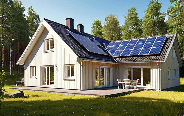 A modern, well-maintained Swedish house with sleek solar panels installed on its roof, bathed in warm, natural sunlight. The image should convey a sense of economic independence and environmental responsibility, with lush green surroundings reflecting sustainability. The atmosphere is bright, hopeful, and subtly prosperous, showing a well-integrated system in a typical Swedish residential setting.