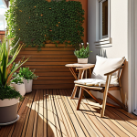 **Prompt:**  "Cozy Swedish balcony with ThermoWood decking, soft lighting, potted plants, inviting atmosphere, afternoon sun, Scandinavian design, warmth."