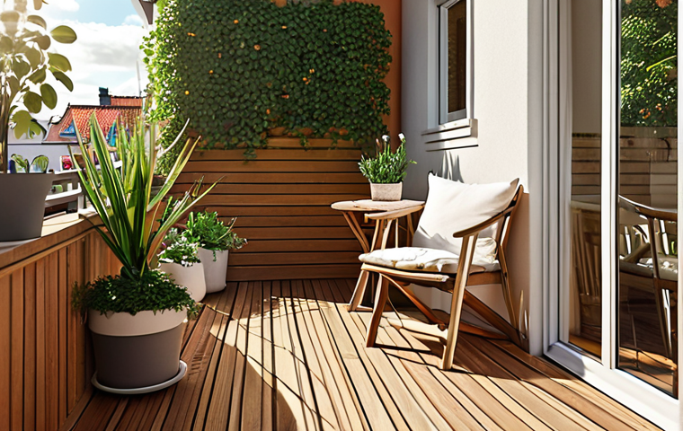 **Prompt:**  "Cozy Swedish balcony with ThermoWood decking, soft lighting, potted plants, inviting atmosphere, afternoon sun, Scandinavian design, warmth."
